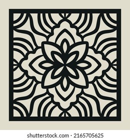 Laser Cut Vector Decotative Panel. Cutout Silhouette With Geometric Ornament Pattern. Square Template For Cnc Cutting, Panels Of Wood, Metal, Paper, Plastic