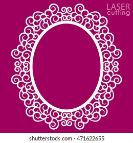  Laser cut vector frame. Abstract oval frame with swirls, vector ornament, vintage frame. May be used for laser cutting. Photo frame with lace corners for paper cutting.