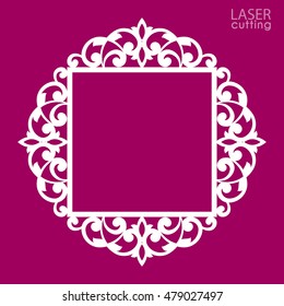 Laser cut vector frame. Abstract square frame with swirls, vector ornament, vintage frame. May be used for laser cutting. Photo frame with lace corners for paper cutting.