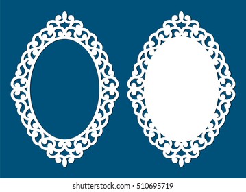 Laser cut vector frame. Abstract oval frame with swirls, vector ornament, vintage frame. Pattern may be used for laser cut. Photo frame with lace corners for paper or wood cutting.