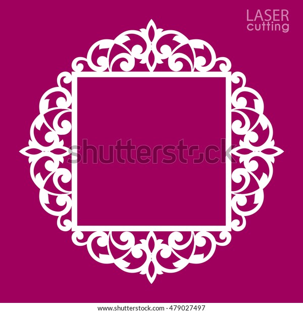 Laser cut vector\
frame. Abstract square frame with swirls, vector ornament, vintage\
frame. May be used for laser cutting. Photo frame with lace corners\
for paper cutting.