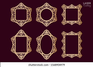 Laser cut vector frame collection, vector ornament, vintage frame set. Photo frames with lace border for paper cutting.
