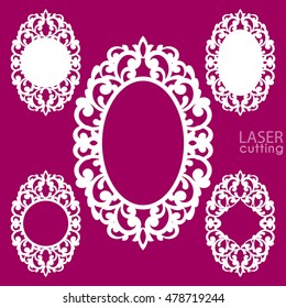 Laser cut vector frame collection. Set of abstract oval and round frames with swirls, vector ornament, vintage frame. May be used for laser cutting. Photo frames with lace for paper cutting.