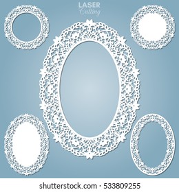 Laser cut vector frame collection. Set of abstract oval and round frames with swirls, vector ornament, vintage frame. May be used for laser cutting. Photo frames with lace for paper cutting.