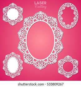 Laser cut vector frame collection. Set of abstract oval and round frames with swirls, vector ornament, vintage frame. May be used for laser cutting. Photo frames with lace for paper cutting.