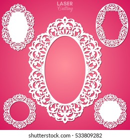 Laser cut vector frame collection. Set of abstract oval and round frames with swirls, vector ornament, vintage frame. May be used for laser cutting. Photo frames with lace for paper cutting.