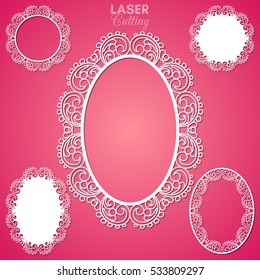 Laser cut vector frame collection. Set of abstract oval and round frames with swirls, vector ornament, vintage frame. May be used for laser cutting. Photo frames with lace for paper cutting.