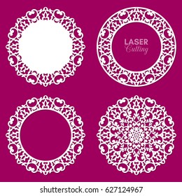 Laser cut vector frame collection. Set of abstract round frames with swirls, vector ornament, vintage frame. May be used for laser cutting. Photo frames with lace for paper cutting. Lace doily.