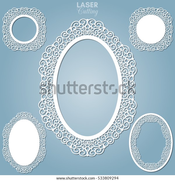 Laser\
cut vector frame collection. Set of abstract oval and round frames\
with swirls, vector ornament, vintage frame. May be used for laser\
cutting. Photo frames with lace for paper\
cutting.