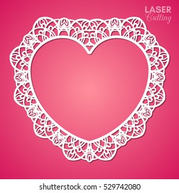 Laser cut vector frame in the shape of a heart with lace border, vector ornament, vintage frame. Photo frame for paper cutting. The basis for a paper doily. Valentine background.