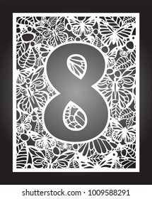 Laser cut vector number eight with butterfly and petals. Panel template. Filigree cutout pattern/ Kirigami pattern. Paper / machine cut