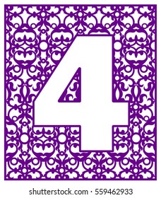 Laser cut vector number four. Panel template. Filigree cutout pattern/ Paper / machine cut.