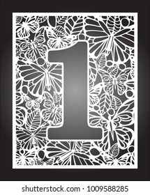 Laser cut vector number one with butterfly and petals. Panel template. Filigree cutout pattern/ Kirigami pattern. Paper / machine cut