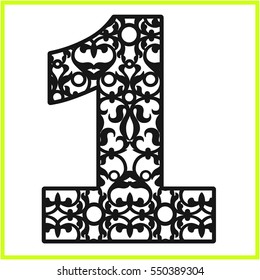  Laser cut vector number one. Panel template. Filigree cutout pattern/ Kirigami pattern. Paper / machine cut.