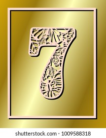 Laser cut vector number seven with butterfly and petals. Panel template. Filigree cutout pattern/ Kirigami pattern. Paper / machine cut