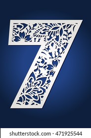 Laser cut vector number seven. May be used for paper cutting. Cutout botanical alphabet numeral. Flower font with ornamental pattern. May be used for cutting machines.