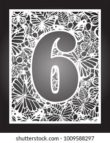 Laser cut vector number six with butterfly and petals. Panel template. Filigree cutout pattern/ Kirigami pattern. Paper / machine cut