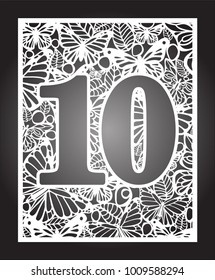 Laser cut vector number ten with butterfly and petals. Panel template. Filigree cutout pattern/ Kirigami pattern. Paper / machine cut