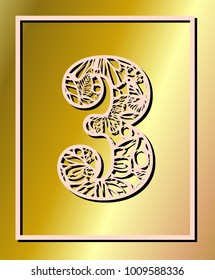 Laser cut vector number three with butterfly and petals. Panel template. Filigree cutout pattern/ Kirigami pattern. Paper / machine cut