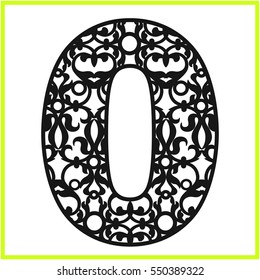  Laser cut vector number zero. Panel template. Filigree cutout pattern/ Kirigami pattern. Paper / machine cut.