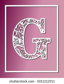 Laser cut vector ornamental letter G with butterfly and petals. Panel template. Filigree cutout pattern/ Kirigami pattern. Paper / machine cut