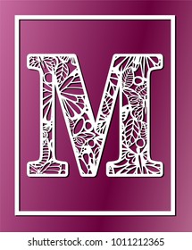 Laser cut vector ornamental letter M with butterfly and petals. Panel template. Filigree cutout pattern/ Kirigami pattern. Paper / machine cut
