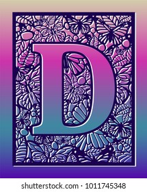 Laser cut vector ornamental letter D with butterfly and petals. Panel template. Filigree cutout pattern/ Kirigami pattern. Paper / machine cut