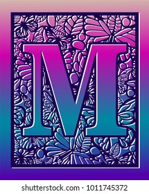 Laser cut vector ornamental letter M with butterfly and petals. Panel template. Filigree cutout pattern/ Kirigami pattern. Paper / machine cut