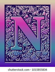 Laser cut vector ornamental letter N with butterfly and petals. Panel template. Filigree cutout pattern/ Kirigami pattern. Paper / machine cut