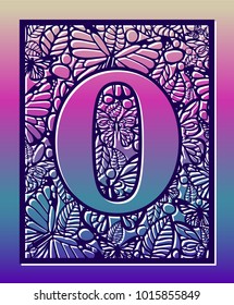 Laser cut vector ornamental letter O with butterfly and petals. Panel template. Filigree cutout pattern/ Kirigami pattern. Paper / machine cut