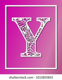 Laser cut vector ornamental letter Y with butterfly and petals. Panel template. Filigree cutout pattern/ Kirigami pattern. Paper / machine cut