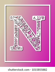 Laser cut vector ornamental letter N with butterfly and petals. Panel template. Filigree cutout pattern/ Kirigami pattern. Paper / machine cut