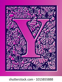 Laser cut vector ornamental letter Y with butterfly and petals. Panel template. Filigree cutout pattern/ Kirigami pattern. Paper / machine cut