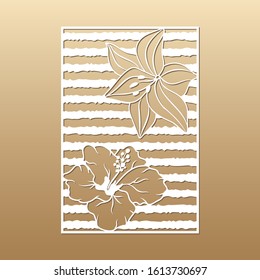Laser cut vector panel (ratio 3:2). Cutout silhouette with torn stripes and hawaiian flowers (hibiscus, lily). The template is suitable for engraving, laser cutting wood, metal, stencil manufacturing.