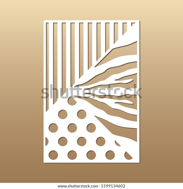 Laser cut vector panel (ratio 2:3). Cutout\
silhouette with mixed zebra skin, stripe and circle pattern. The\
template is suitable for engraving, laser cutting wood, metal,\
stencil manufacturing.