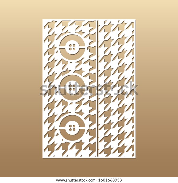 Laser cut vector panel (ratio 2:3). Cutout\
silhouette with pattern \'hounds tooth\' like clothes (coat, dress)\
and buttons. The template is suitable for engraving, laser cutting\
wood, metal.