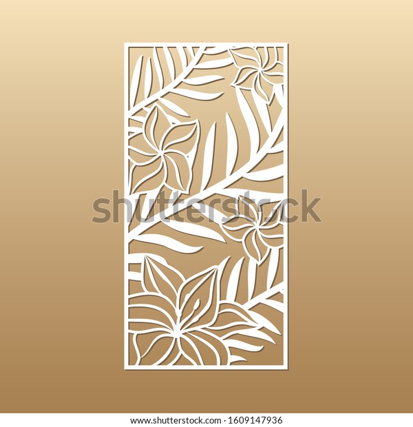 Laser cut vector panel (ratio 1:2). Cutout\
silhouette with palm leaves and hawaiian flowers (plumeria, lily).\
The set is suitable for engraving, laser cutting wood, metal,\
stencil manufacturing.