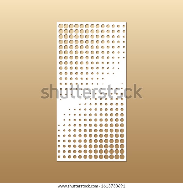 Laser cut vector panel (ratio\
1:2). Cutout silhouette effect halftone circles (like fade dots).\
The template is suitable for engraving, laser cutting wood,\
metal.