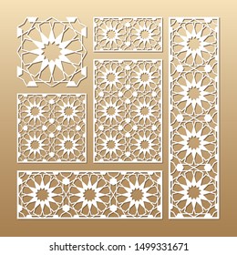 Laser cut vector panels (ratio: 1:1, 1:4, 2:1, 2:3, 3:1). Cutout silhouette with geometric seamless pattern. The set is suitable for engraving, laser cutting wood, metal, stencil manufacturing.