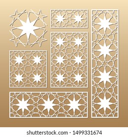 Laser cut vector panels (ratio: 1:1, 1:4, 2:1, 2:3, 3:1). Cutout silhouette with geometric seamless pattern. The set is suitable for engraving, laser cutting wood, metal, stencil manufacturing.