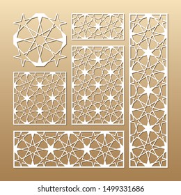 Laser cut vector panels (ratio: 1:1, 1:4, 2:1, 2:3, 3:1). Cutout silhouette with geometric seamless pattern. The set is suitable for engraving, laser cutting wood, metal, stencil manufacturing.