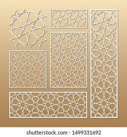 Laser cut vector panels (ratio: 1:1, 1:4, 2:1, 2:3, 3:1). Cutout silhouette with geometric seamless pattern. The set is suitable for engraving, laser cutting wood, metal, stencil manufacturing.