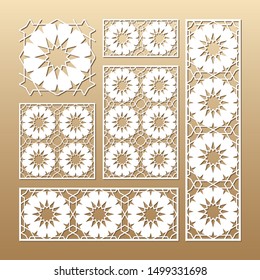 Laser cut vector panels (ratio: 1:1, 1:4, 2:1, 2:3, 3:1). Cutout silhouette with geometric seamless pattern. The set is suitable for engraving, laser cutting wood, metal, stencil manufacturing.