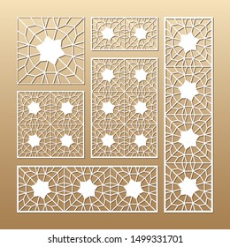 Laser cut vector panels (ratio: 1:1, 1:4, 2:1, 2:3, 3:1). Cutout silhouette with geometric seamless pattern. The set is suitable for engraving, laser cutting wood, metal, stencil manufacturing.