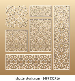 Laser cut vector panels (ratio: 1:1, 1:4, 2:1, 2:3, 3:1). Cutout silhouette with geometric seamless pattern. The set is suitable for engraving, laser cutting wood, metal, stencil manufacturing.