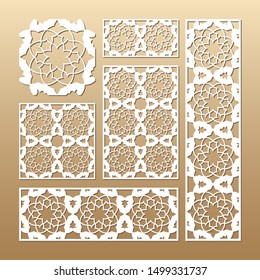 Laser cut vector panels (ratio: 1:1, 1:4, 2:1, 2:3, 3:1). Cutout silhouette with geometric seamless pattern. The set is suitable for engraving, laser cutting wood, metal, stencil manufacturing.