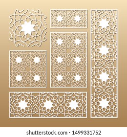 Laser cut vector panels (ratio: 1:1, 1:4, 2:1, 2:3, 3:1). Cutout silhouette with geometric seamless pattern. The set is suitable for engraving, laser cutting wood, metal, stencil manufacturing.