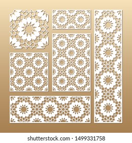 Laser cut vector panels (ratio: 1:1, 1:4, 2:1, 2:3, 3:1). Cutout silhouette with geometric seamless pattern. The set is suitable for engraving, laser cutting wood, metal, stencil manufacturing.