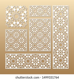 Laser cut vector panels (ratio: 1:1, 1:4, 2:1, 2:3, 3:1). Cutout silhouette with geometric seamless pattern. The set is suitable for engraving, laser cutting wood, metal, stencil manufacturing.