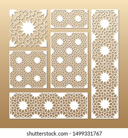 Laser cut vector panels (ratio: 1:1, 1:4, 2:1, 2:3, 3:1). Cutout silhouette with geometric seamless pattern. The set is suitable for engraving, laser cutting wood, metal, stencil manufacturing.